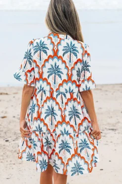 Clearance Dear-Lover Contrast Palm Tree Printed Short Sleeve Flowy Dress Orange
