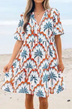 Clearance Dear-Lover Contrast Palm Tree Printed Short Sleeve Flowy Dress Orange