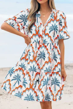 Clearance Dear-Lover Contrast Palm Tree Printed Short Sleeve Flowy Dress Orange