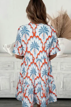 Clearance Dear-Lover Contrast Palm Tree Printed Short Sleeve Flowy Dress Orange