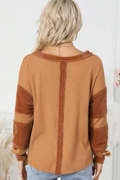 Fashion Dear-Lover Contrast Patched Exposed Seam Waffle Knit Henley Top Orange