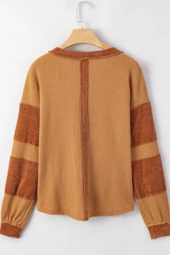 Fashion Dear-Lover Contrast Patched Exposed Seam Waffle Knit Henley Top Orange