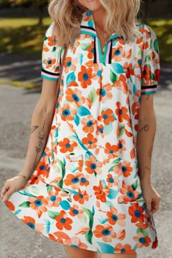 Discount Dear-Lover Contrast Trim Floral Split Neck Puff Short Sleeve Tiered Mini Dress Orange