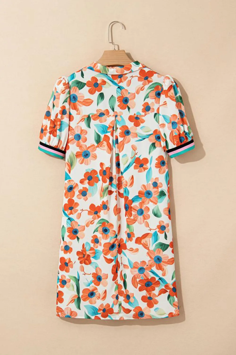 Discount Dear-Lover Contrast Trim Floral Split Neck Puff Short Sleeve Tiered Mini Dress Orange