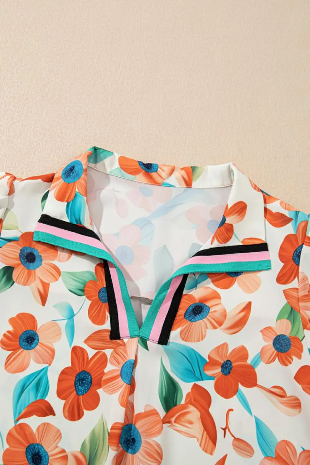 Discount Dear-Lover Contrast Trim Floral Split Neck Puff Short Sleeve Tiered Mini Dress Orange
