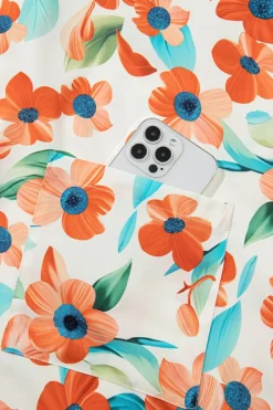 Discount Dear-Lover Contrast Trim Floral Split Neck Puff Short Sleeve Tiered Mini Dress Orange
