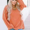 Hot Dear-Lover Crinkle Textured Frill Split Neck Puff Sleeve Blouse Orange