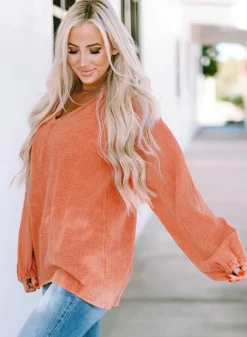 Hot Dear-Lover Crinkle Textured Frill Split Neck Puff Sleeve Blouse Orange