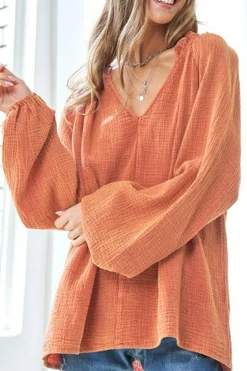 Hot Dear-Lover Crinkle Textured Frill Split Neck Puff Sleeve Blouse Orange