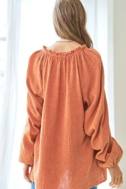 Hot Dear-Lover Crinkle Textured Frill Split Neck Puff Sleeve Blouse Orange