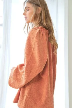 Hot Dear-Lover Crinkle Textured Frill Split Neck Puff Sleeve Blouse Orange