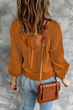 Hot Dear-Lover Drop Shoulder Back Cut-out Sweater with Tie Orange