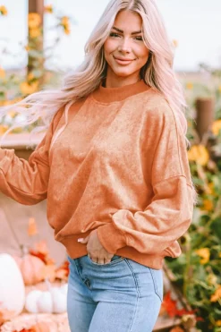 Sale Dear-Lover Drop Shoulder Crew Neck Pullover Sweatshirt Orange