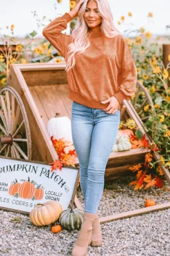 Sale Dear-Lover Drop Shoulder Crew Neck Pullover Sweatshirt Orange