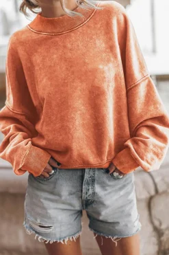 Sale Dear-Lover Drop Shoulder Crew Neck Pullover Sweatshirt Orange
