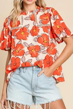 Outlet Dear-Lover Floral Bubble Sleeve Frill Neck Loose Blouse Orange