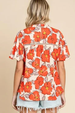 Outlet Dear-Lover Floral Bubble Sleeve Frill Neck Loose Blouse Orange