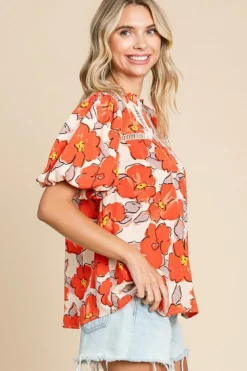 Outlet Dear-Lover Floral Bubble Sleeve Frill Neck Loose Blouse Orange