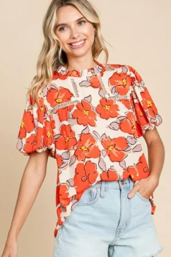 Outlet Dear-Lover Floral Bubble Sleeve Frill Neck Loose Blouse Orange