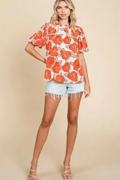 Outlet Dear-Lover Floral Bubble Sleeve Frill Neck Loose Blouse Orange