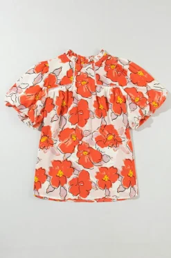 Outlet Dear-Lover Floral Bubble Sleeve Frill Neck Loose Blouse Orange