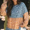 Discount Dear-Lover Floral Color Block Patchwork Ruffled Hem Round Neck Blouse Orange