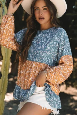 Discount Dear-Lover Floral Color Block Patchwork Ruffled Hem Round Neck Blouse Orange