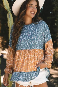 Discount Dear-Lover Floral Color Block Patchwork Ruffled Hem Round Neck Blouse Orange