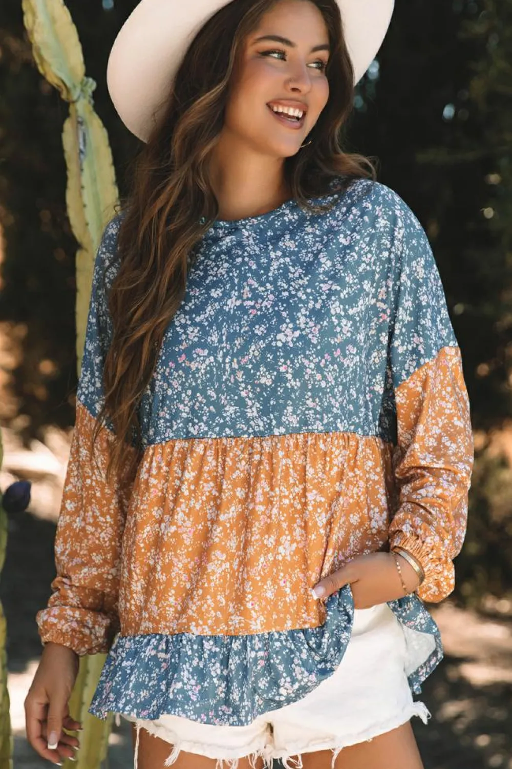 Discount Dear-Lover Floral Color Block Patchwork Ruffled Hem Round Neck Blouse Orange