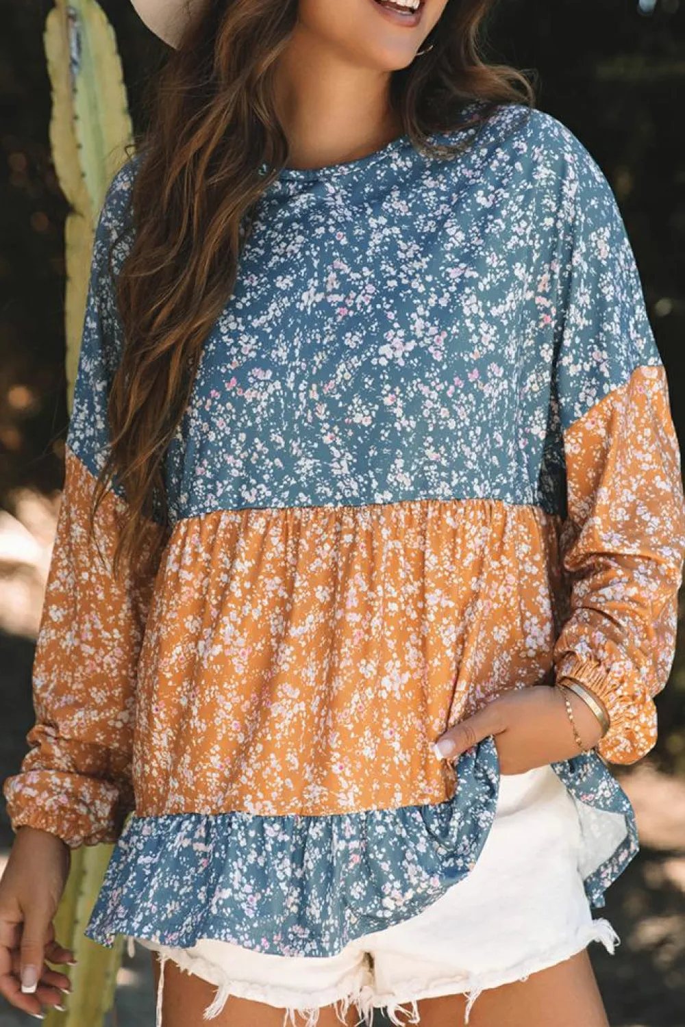 Discount Dear-Lover Floral Color Block Patchwork Ruffled Hem Round Neck Blouse Orange