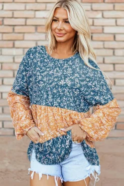 Discount Dear-Lover Floral Color Block Patchwork Ruffled Hem Round Neck Blouse Orange