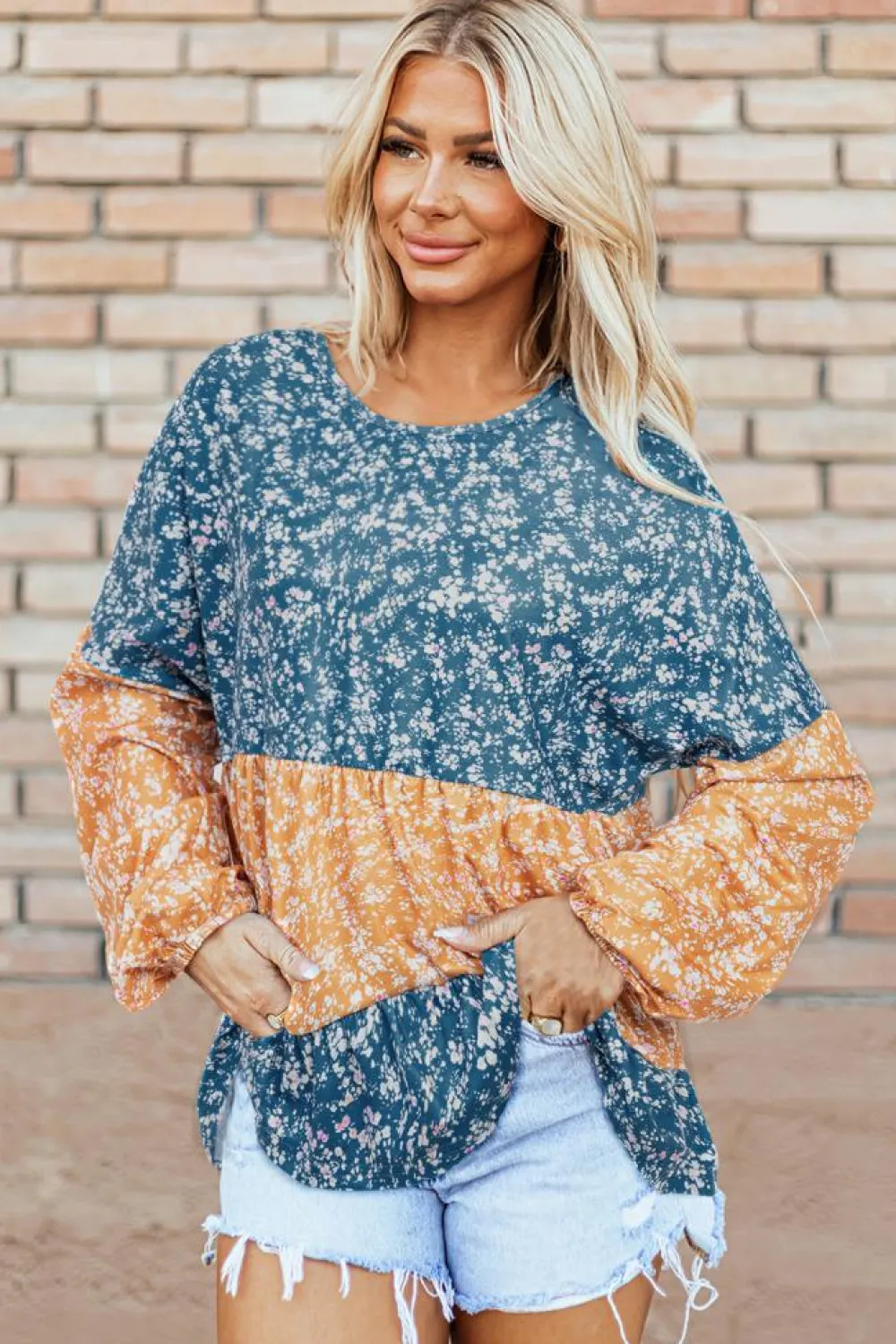 Discount Dear-Lover Floral Color Block Patchwork Ruffled Hem Round Neck Blouse Orange