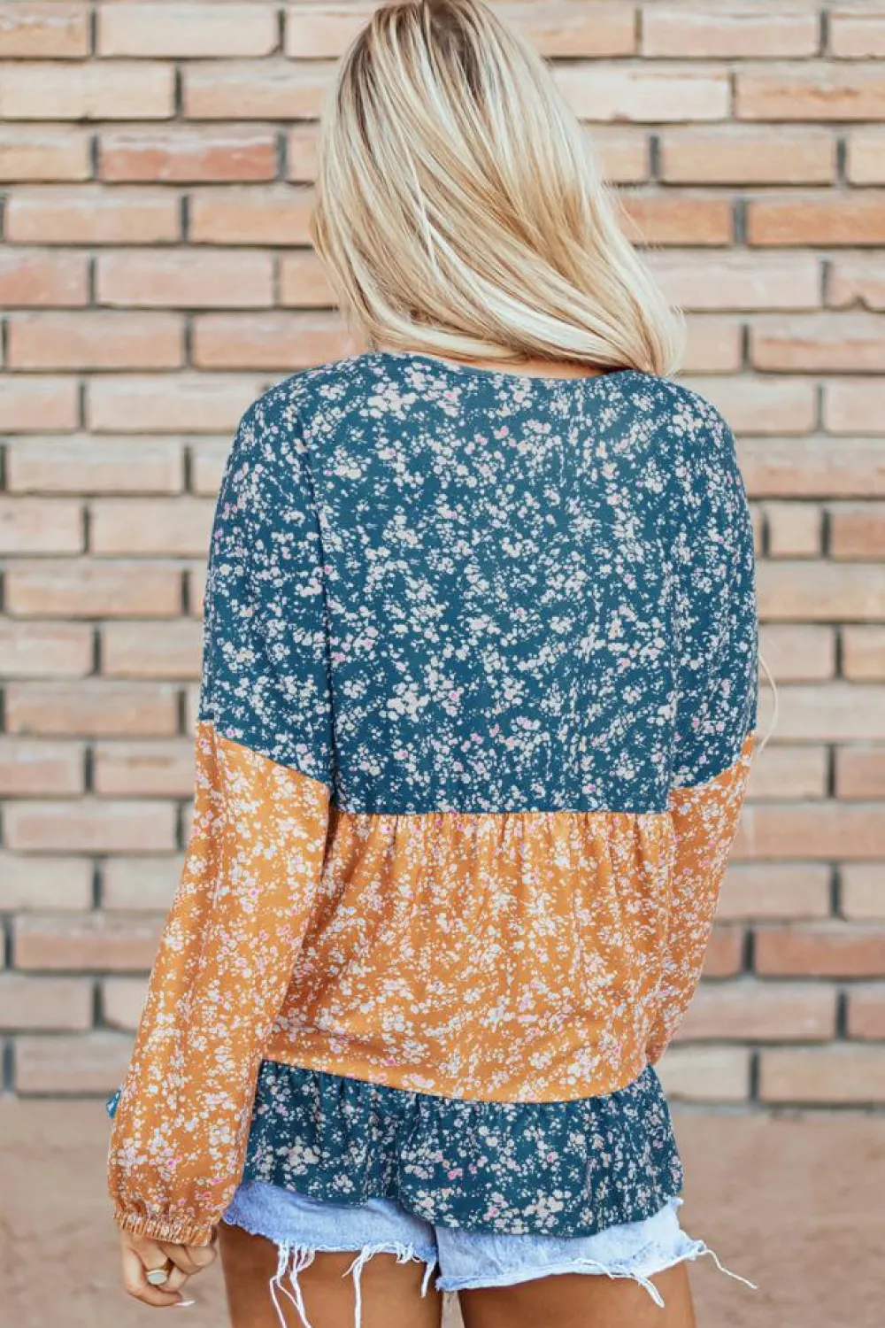 Discount Dear-Lover Floral Color Block Patchwork Ruffled Hem Round Neck Blouse Orange