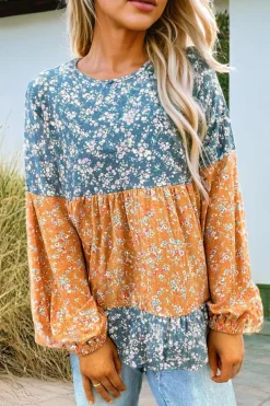 Discount Dear-Lover Floral Color Block Patchwork Ruffled Hem Round Neck Blouse Orange