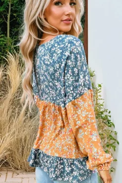 Discount Dear-Lover Floral Color Block Patchwork Ruffled Hem Round Neck Blouse Orange