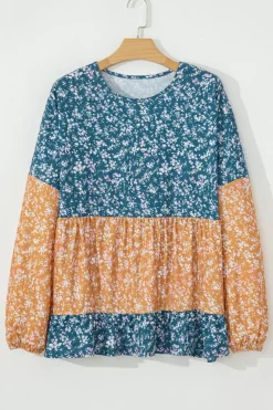 Discount Dear-Lover Floral Color Block Patchwork Ruffled Hem Round Neck Blouse Orange