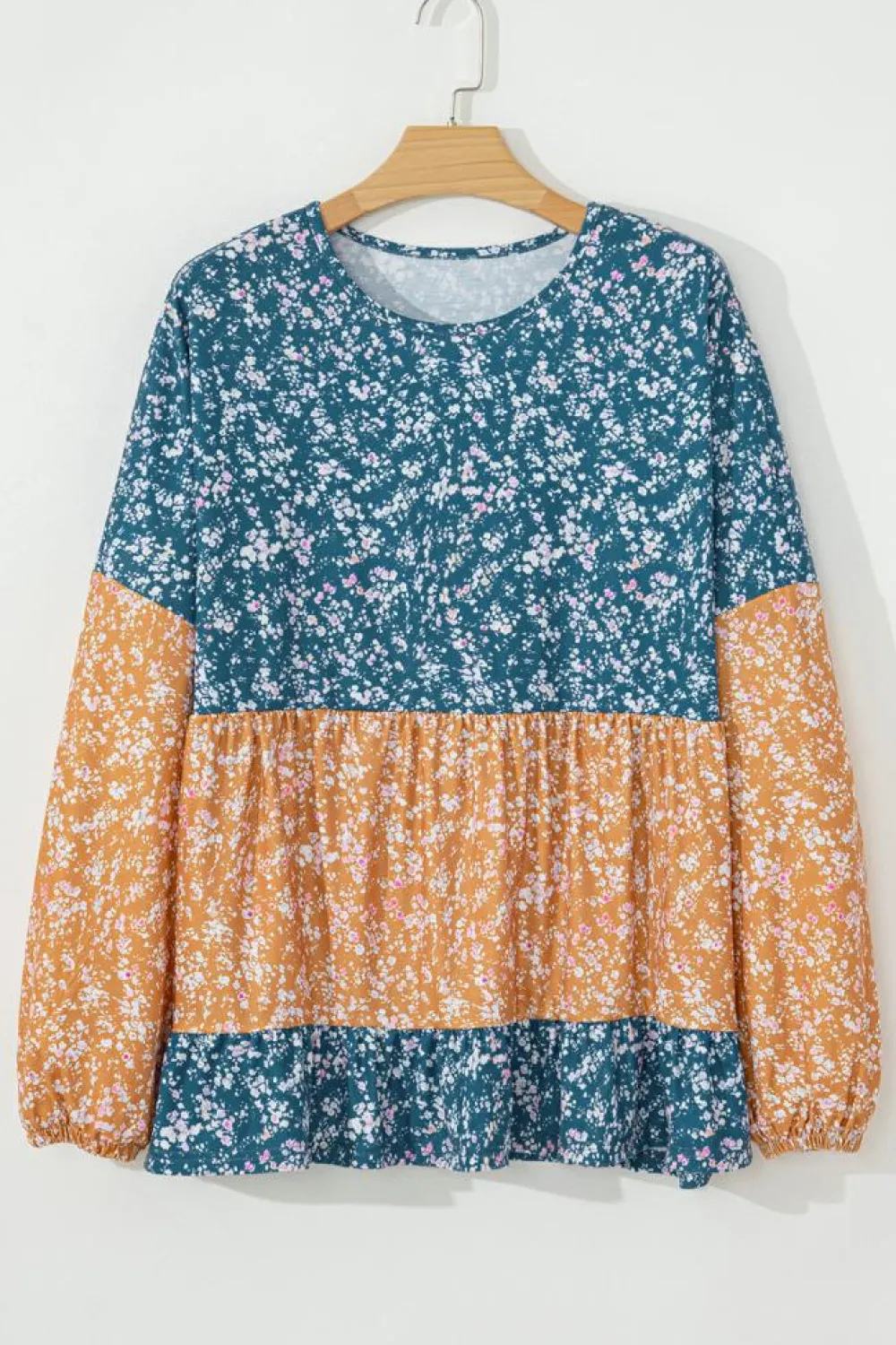 Discount Dear-Lover Floral Color Block Patchwork Ruffled Hem Round Neck Blouse Orange