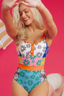 Clearance Dear-Lover Floral Colorblock Buttoned Décor Front Spaghetti Straps Teddy Swimsuit Orange