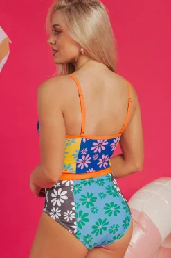 Clearance Dear-Lover Floral Colorblock Buttoned Décor Front Spaghetti Straps Teddy Swimsuit Orange