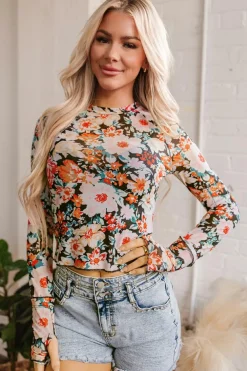 Best Dear-Lover Floral Mesh Slim Long Sleeve Crop Top Orange