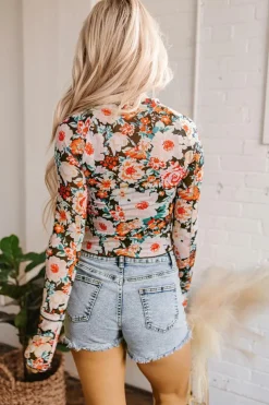 Best Dear-Lover Floral Mesh Slim Long Sleeve Crop Top Orange