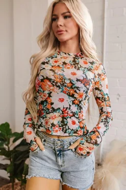 Best Dear-Lover Floral Mesh Slim Long Sleeve Crop Top Orange