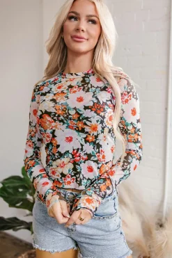 Best Dear-Lover Floral Mesh Slim Long Sleeve Crop Top Orange