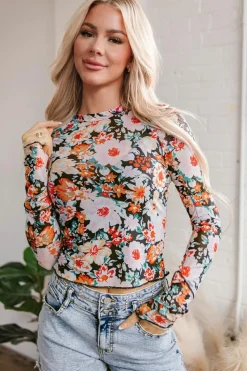 Best Dear-Lover Floral Mesh Slim Long Sleeve Crop Top Orange