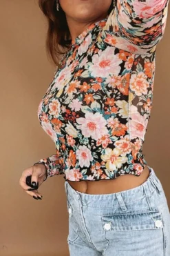 Best Dear-Lover Floral Mesh Slim Long Sleeve Crop Top Orange