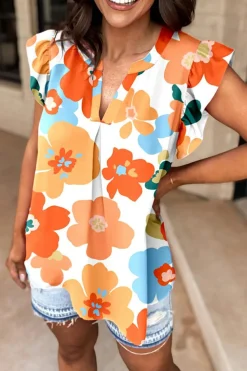 Fashion Dear-Lover Floral Notched V Neck Ruffled Sleeve Blouse Orange