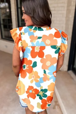 Fashion Dear-Lover Floral Notched V Neck Ruffled Sleeve Blouse Orange