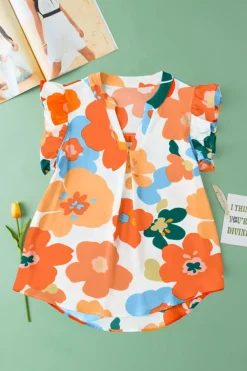 Fashion Dear-Lover Floral Notched V Neck Ruffled Sleeve Blouse Orange