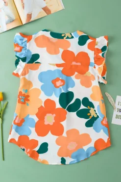 Fashion Dear-Lover Floral Notched V Neck Ruffled Sleeve Blouse Orange