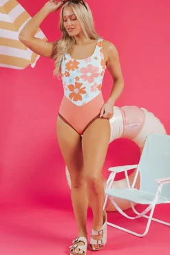 Best Dear-Lover Floral Patchwork Backless One Piece Swimsuit Orange
